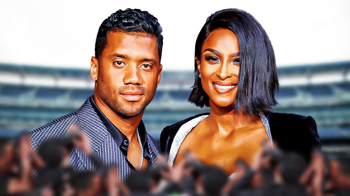 New York Giants quarterback Russell Wilson, whose signing in free agency was announced on March 25, 2025, with his wife Ciara and MetLife Stadium background.