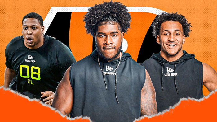 Tyler Booker, Elic Ayomanor, Alfred Collins beside each other, Cincinnati Bengals wallpaper in the background