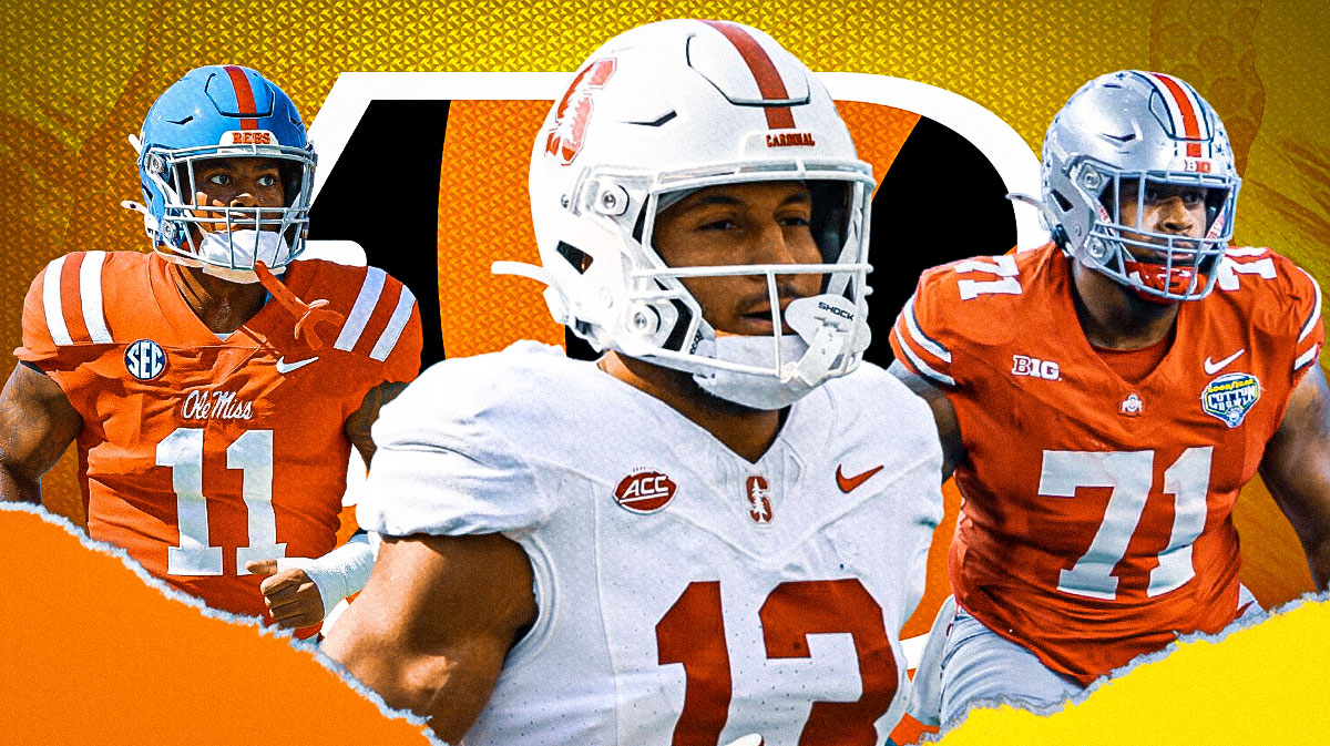 Josh Simmons (Ohio State), Elic Ayomanor (Stanford), Chris Paul Jr (Mississippi) all beside each other, Cincinnati Bengals wallpaper in the background