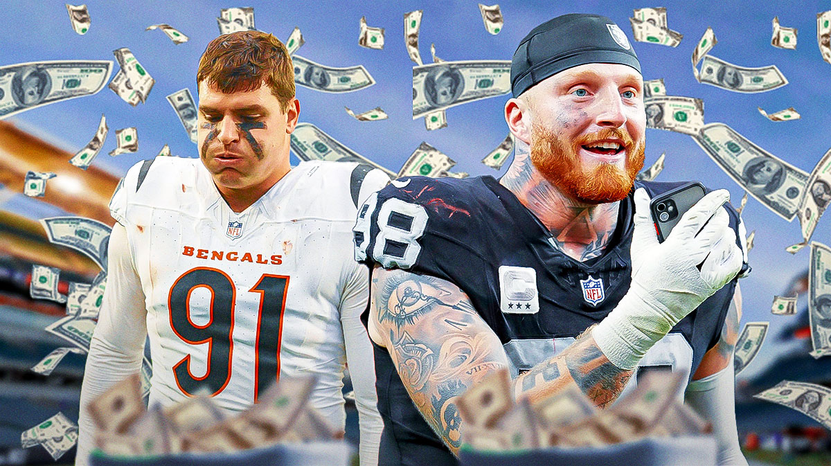 Raiders Maxx Crosby smiling, looking happy surrounded by money bags and Bengals' Trey Hendrickson next to him looking sad.