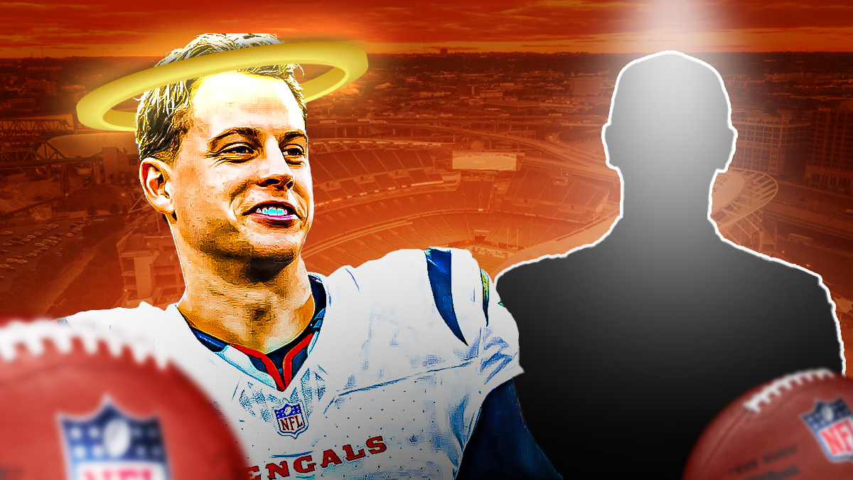 Bengals QB Joe Burrow smiling with angellic halo above his head looking at a SILHOUETTE of OL Cody Ford with a spotlight shining down on him ahead of free agency. Background is Paycor Stadium.