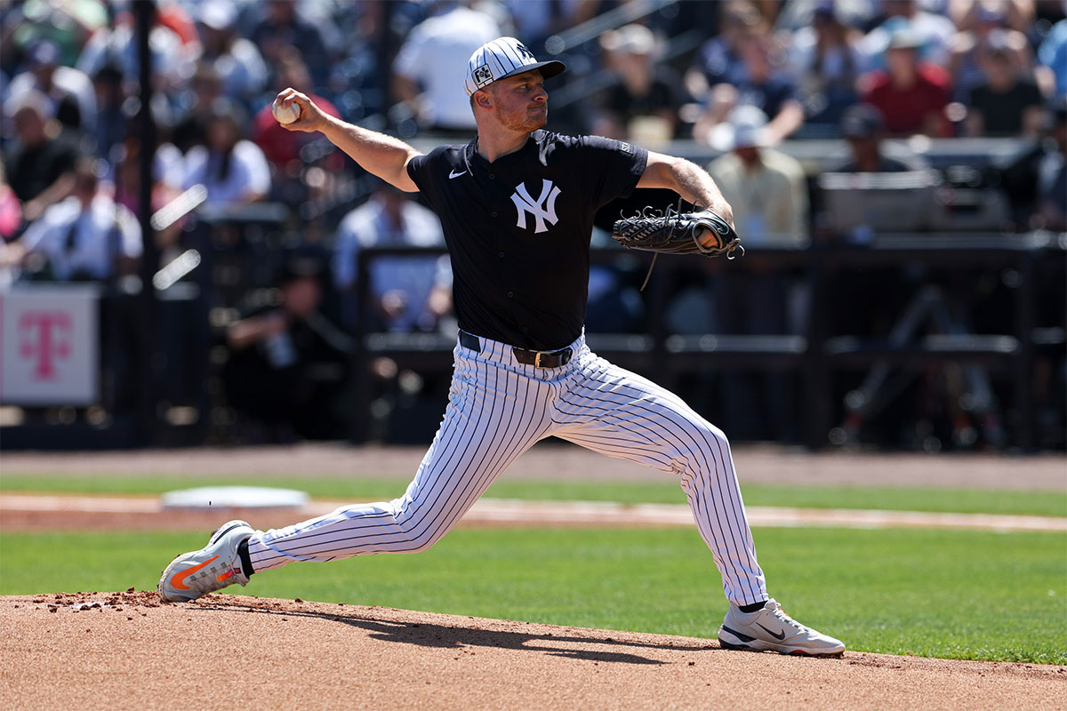 New York Yankees pitcher Clarke Schmidt (36) throws a pitch against the Baltimore Orioles in the first inning during spring training at George M. Steinbrenner Field. 