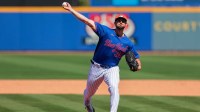 Feb 17, 2025; Port St. Lucie, FL, USA; New York Mets starting pitcher Clay Holmes (35) pitches during a spring training workout at Clover Park.