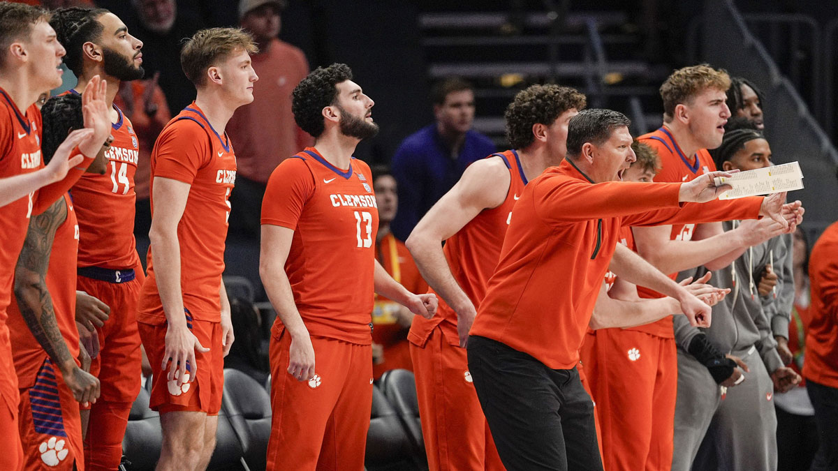 Clemson Tigers head coach Brad Brownell and his bench react to his teams offense late during the second half against the Louisville Cardinals at Spectrum Center.