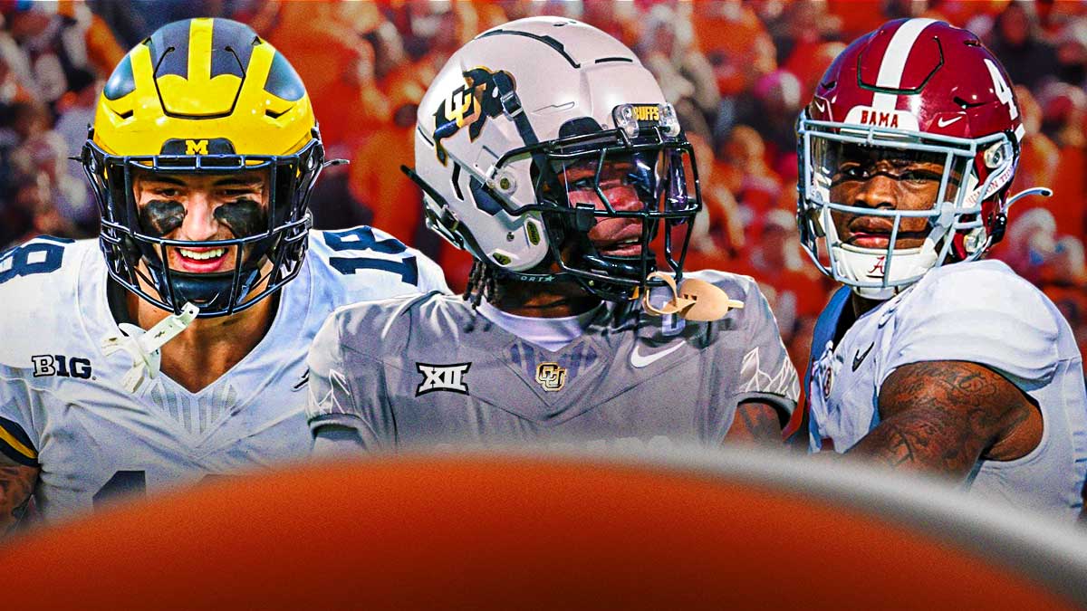 Travis Hunter (Colorado), Colston Loveland (Michigan), Jalen Milroe (Michigan) all beside each other, Cleveland Browns wallpaper in the background