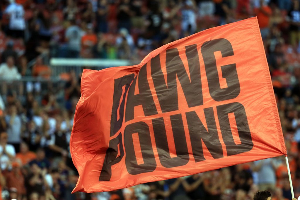 Dawg Pound flag after a touchdown during the first quarter of preseason NFL football game against the Washington Redskins at FirstEnergy Stadium. 