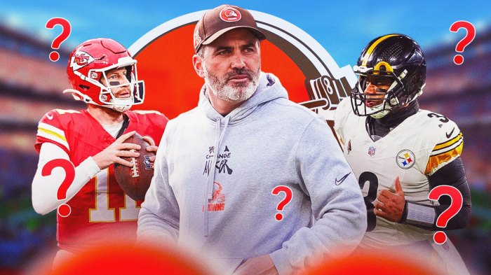 Cleveland Browns coach Kevin Stefanski with Carson Wentz and Russell Wilson with a Browns logo behind them and question marks as the browns are still seeking a free agent quarterback.