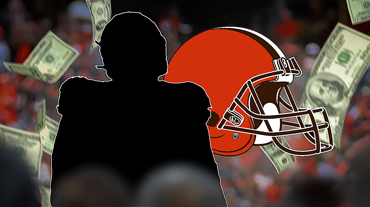 Browns logo behind SILHOUETTE of Bears OL Teven Jenkins. Money falling from sky. Background is Huntington Bank Field.