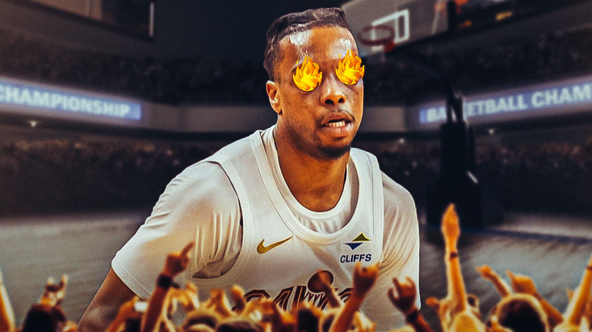 Darius Garland (with fire in his eyes) featuring a Cavs v. Trail Blazers themed BG.