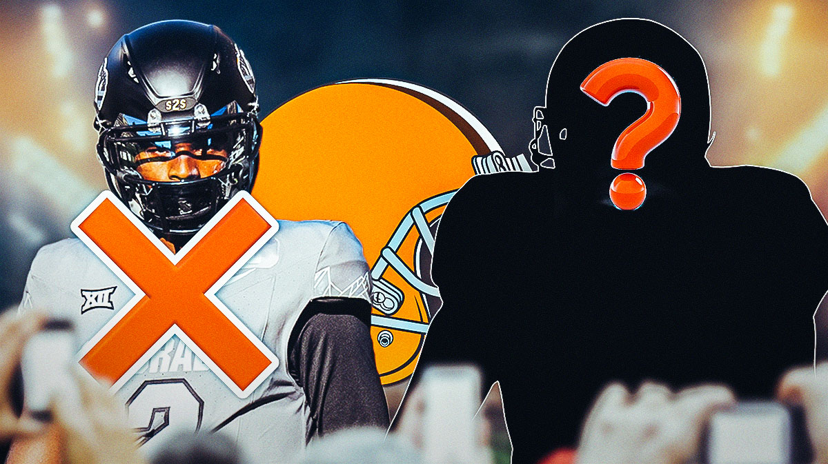 Colorado QB Shedeur Sanders with a big X emoji over him. Next to him is also a silhouette of an American football player with a big question mark emoji inside. There is also a logo for the Cleveland Browns.