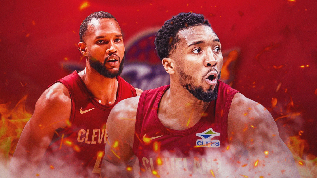 Donovan Mitchell and Evan Mobley (with a fire roaring behind them) featuring a Cavs-themed BG.