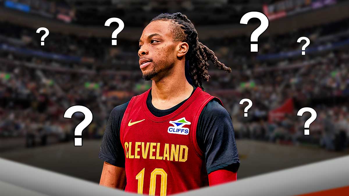 Darius Garland surrounded by question marks featuring a Cavs-Sacramento Kings themed bg.