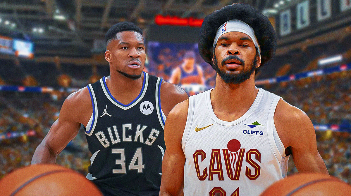 Jarrett Allen (with fire in his eyes) staring down Giannis Antetokounmpo featuring a Cavs-Bucks-NBA Playoffs-themed BG.
