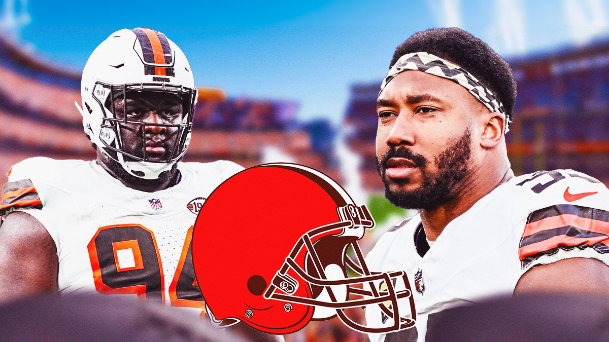 Dalvin Tomlinson on the left looking serious. Myles Garrett on the right looking serious. Cleveland Browns logo in between them