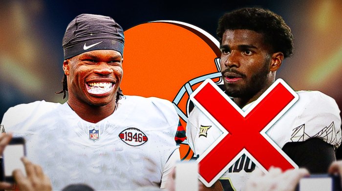 Travis Hunter in a Browns jersey. He is next to Shedeur Sanders with a big X emoji over him. There is also a logo for the Cleveland Browns.