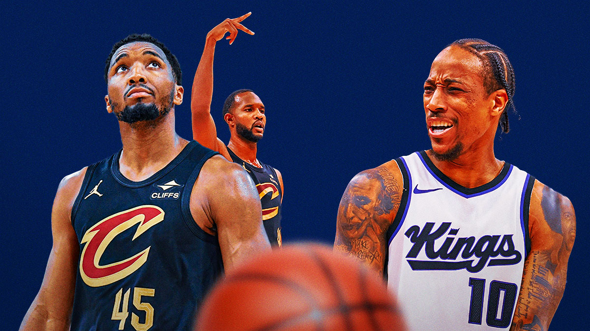 Donovan Mitchell and Evan Mobley standing next to DeMar DeRozan and Malik Monk (both with fire in their eyes) featuring a Cavs Kings themed BG.