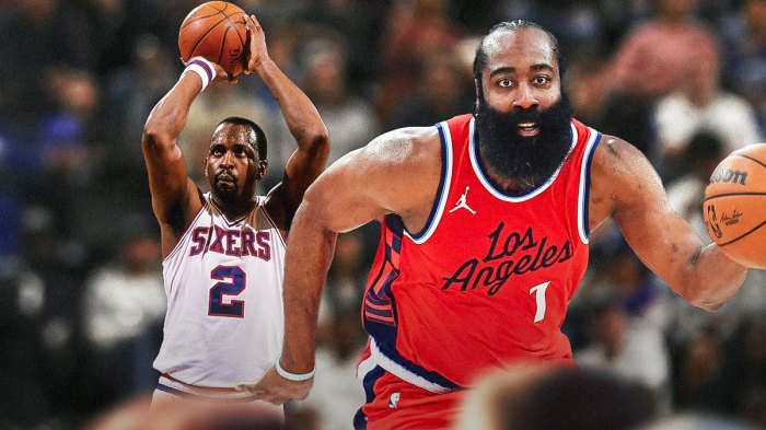 Clippers' James Harden smiling, with 76ers' Moses Malone (1984 version) beside him
