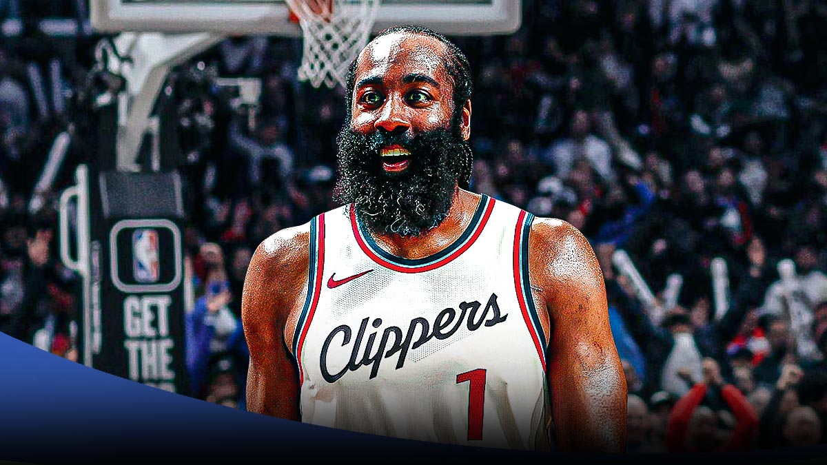 LA Clippers player James Harden with the LA Clippers arena in the background