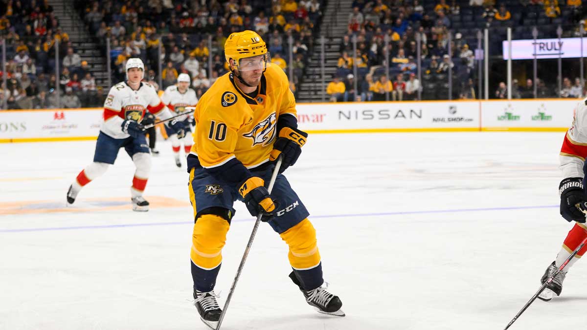 Nashville Predators center Colton Sissons (10) skates with the puck against the Florida Panthers during the third period at Bridgestone Arena.