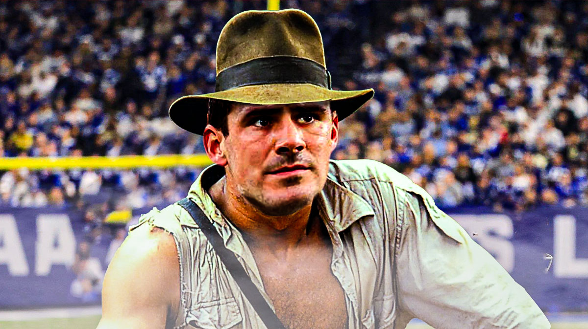 Daniel Jones, who signed with the Indianapolis Colts in free agency, on Indiana Jones' body and Lucas Oil Stadium background.