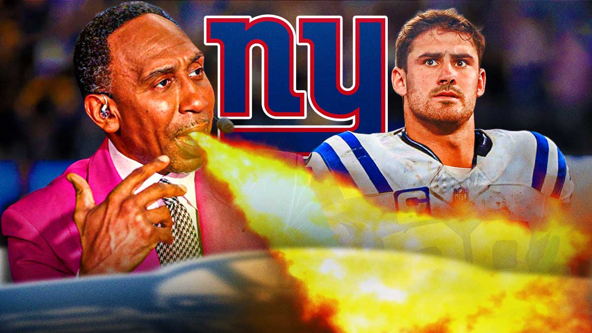 Stephen A. Smith breathing fire looking angry. Daniel Jones in a Colts uniform. NY Giants logo.
