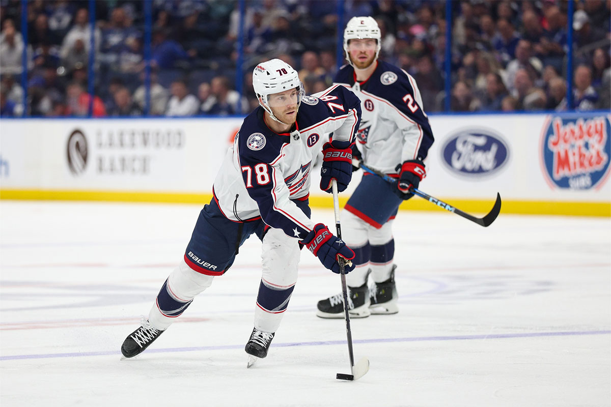 Columbus Blue Jackets defenseman Damon Severson (78) controls the puck against the Tampa Bay Lightning in the third period at Amalie Arena.