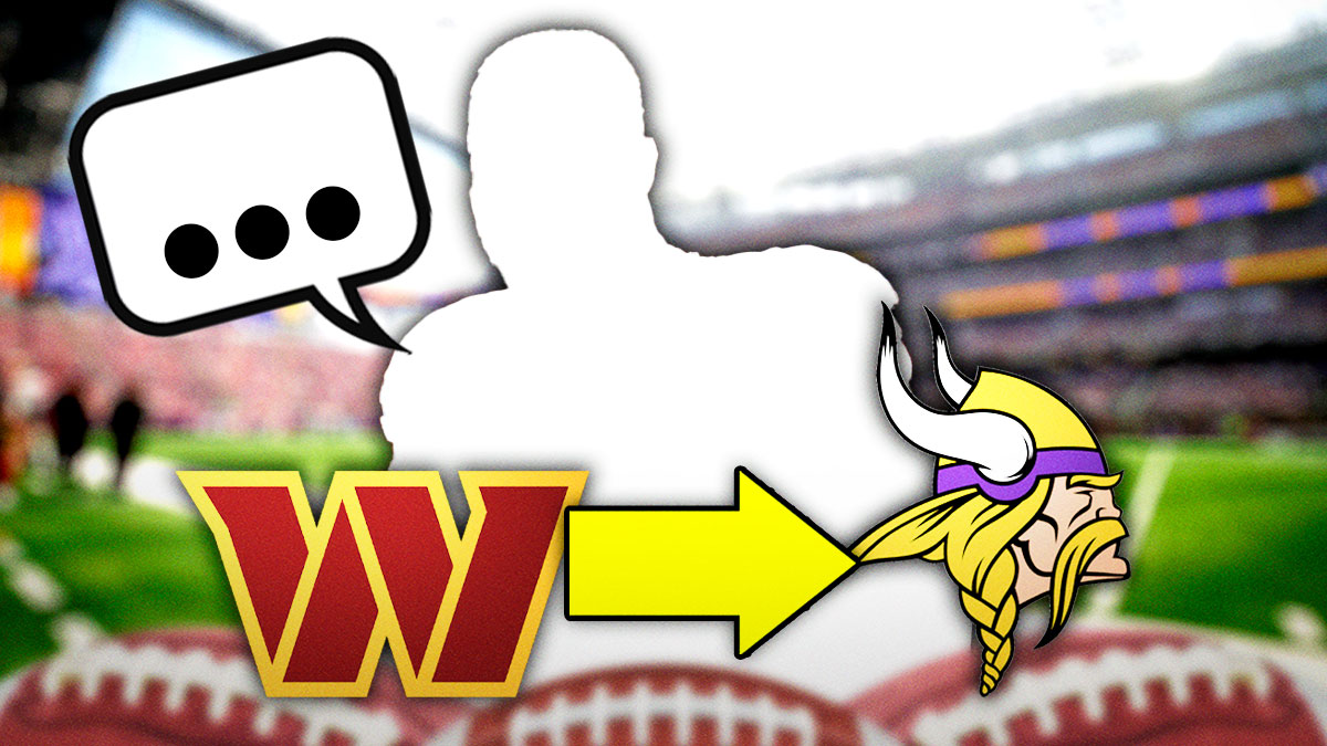 SILHOUETTE of Commanders DE Jonathan Allen with speech bubble above his head saying, "..." In front of Allen is a Commanders logo with an arrow pointing to a Vikings logo. Background is U.S. Bank Stadium.