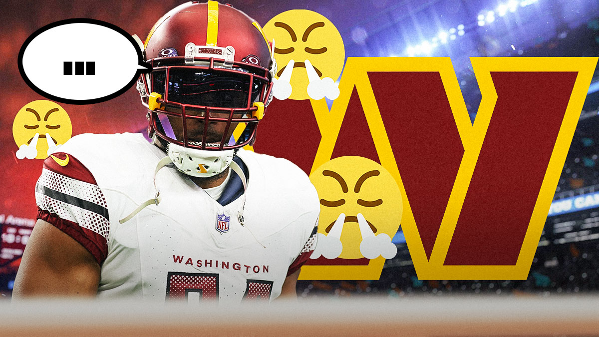 Commanders LB Bobby Wagner with a speech bubble above his head saying, "...". Commanders logo behind him. Multiple 😤 emojis in background. Background is Northwest Stadium (Commanders stadium).