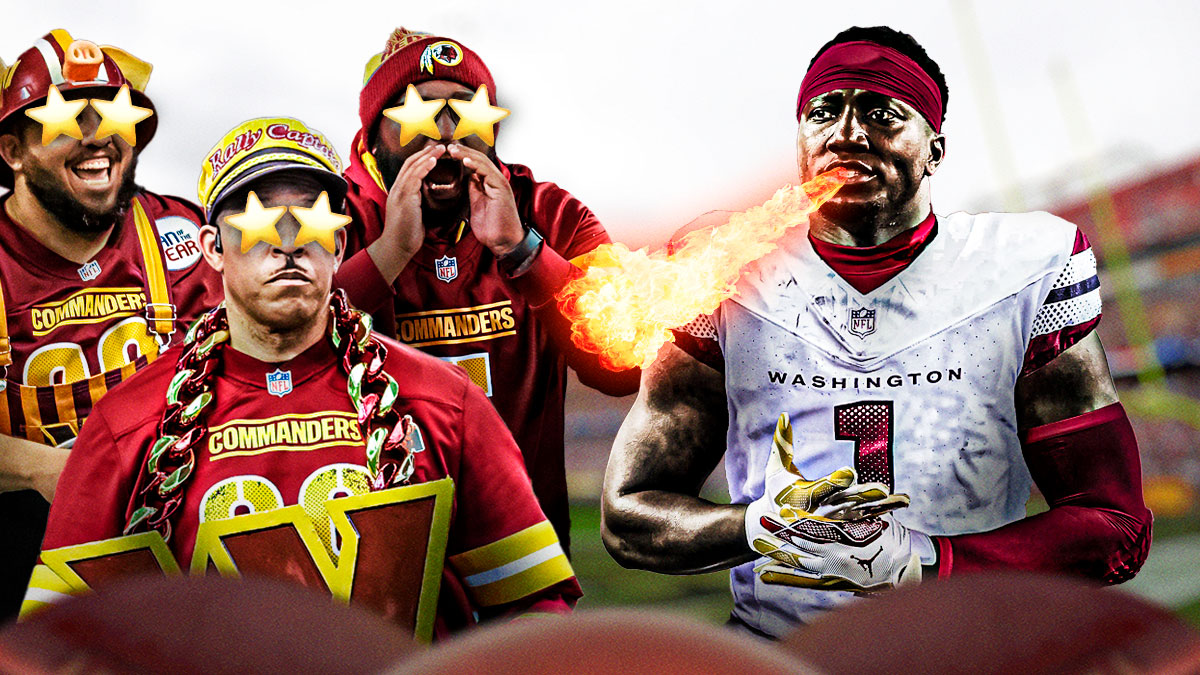 Deebo Samuel in a Washington Commanders jersey on one side breathing fire, a bunch of Washington Commanders fans on the other side with stars in their eyes