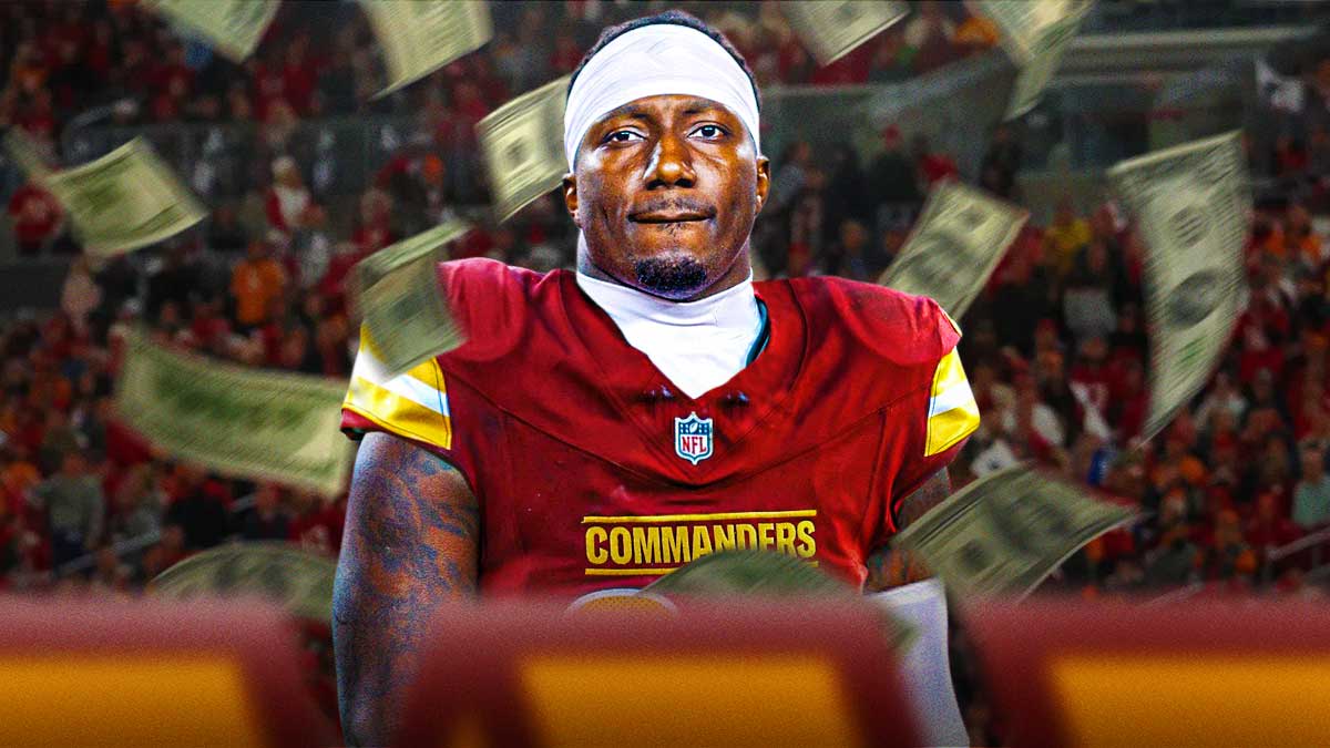 Deebo Samuel in a Commanders jersey with money floating around the picture.