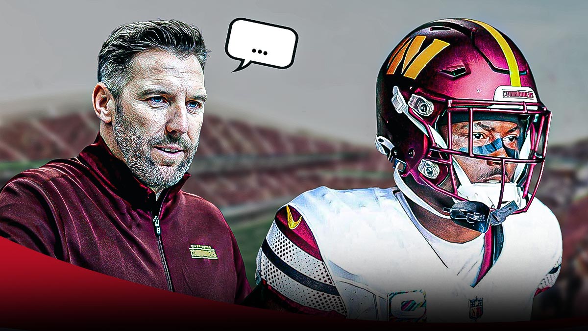 Adam Peters with a speech bubble above his head while next to WR Terry McLaurin who's expecting a new contract extension. Background is Northwest Stadium.