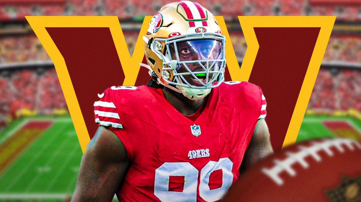 Commanders, Javon Kinlaw, 49ers, Jets, Javon Kinlaw Commanders, Javon Kinlaw with Commanders logo on graphic, Commanders stadium in background