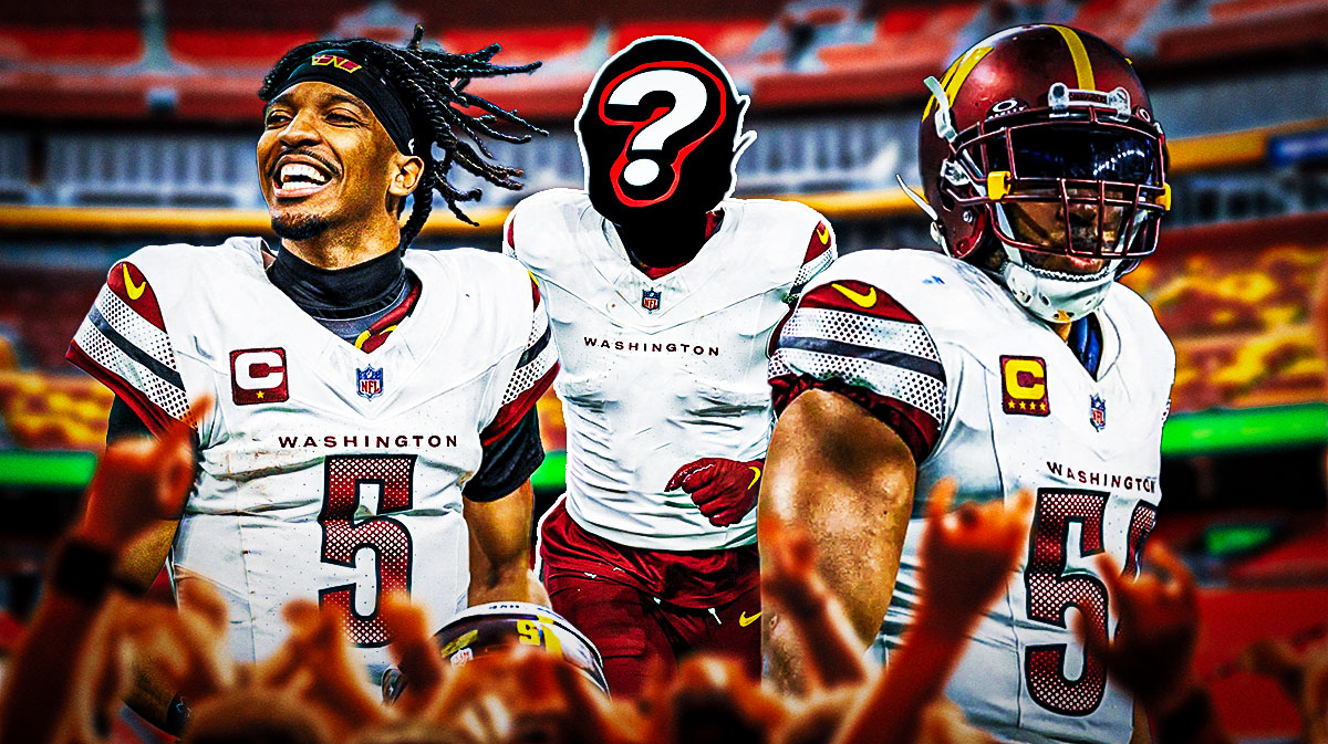 Jayden Daniels, Bobby Wagner, and a mystery player with a Commanders jersey on.