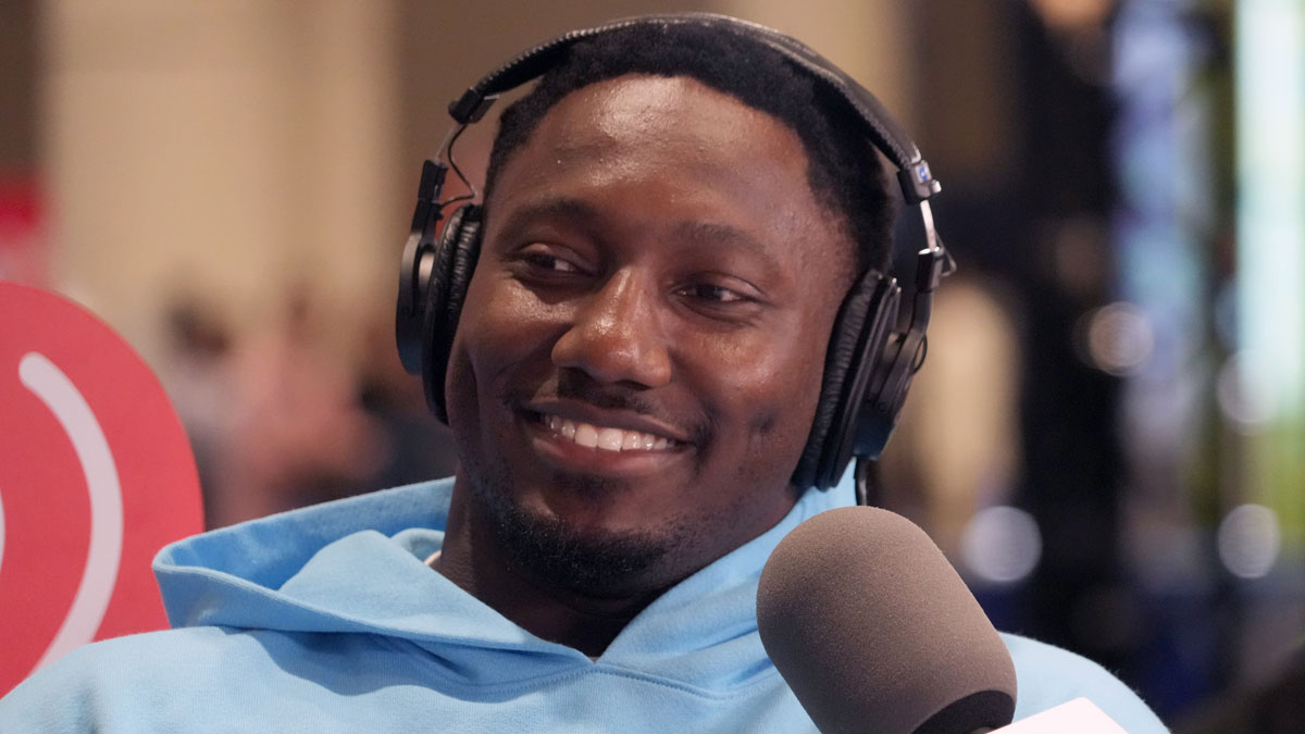 San Francisco 49ers receiver Deebo Samuel on Radio Row at the Super Bowl LIX media center.