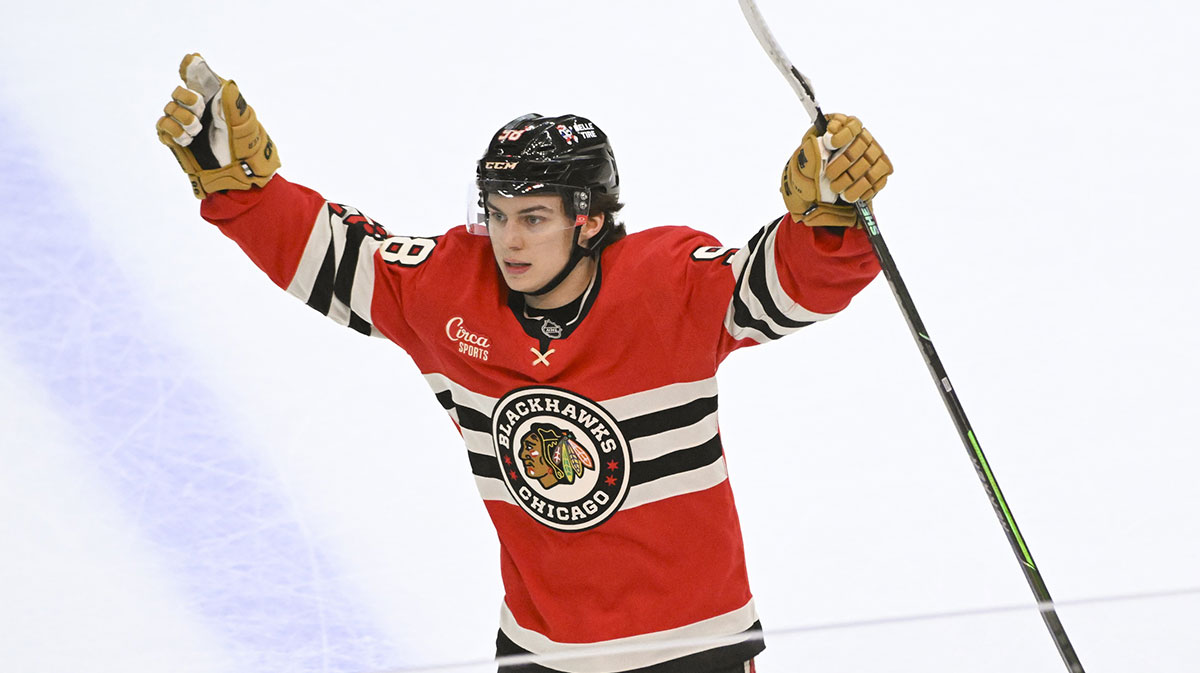 Chicago Blackhawks center Connor Bedard (98) celebrates after scoring the winning goal during the overtime period at the United Center.