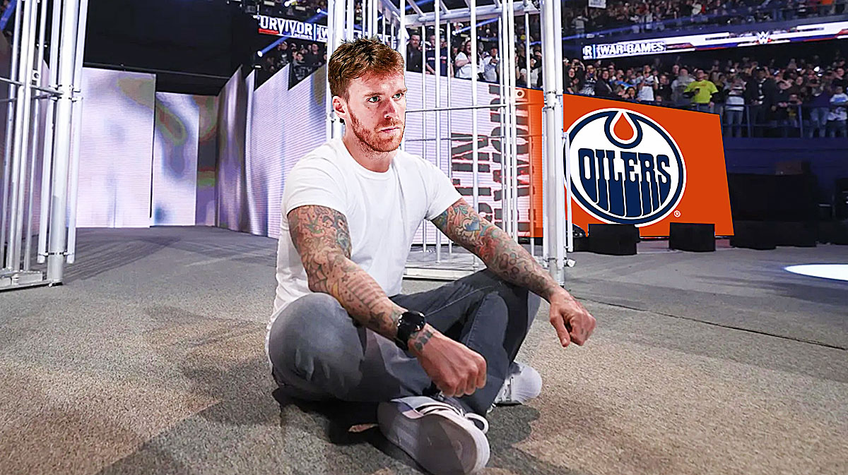 Connor McDavid (Oilers) as CM Punk with Oilers logo in the background