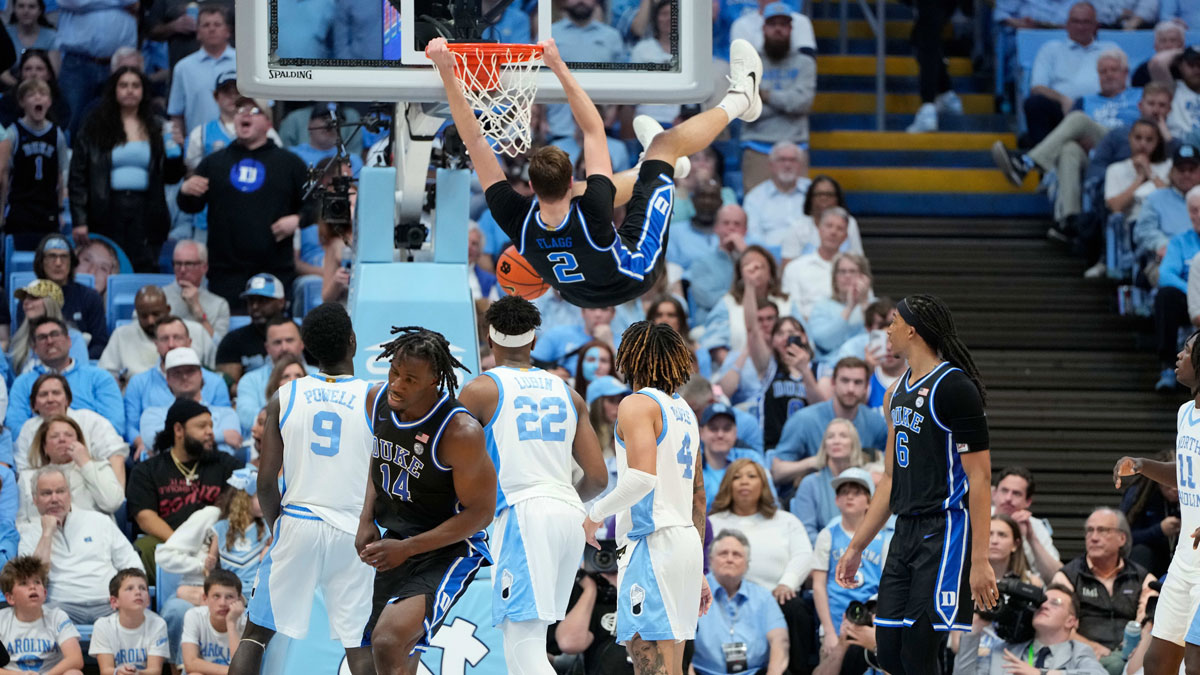 Duke Blue Devils forward Cooper Flagg (2) scores in the second half at Dean E. Smith Center.