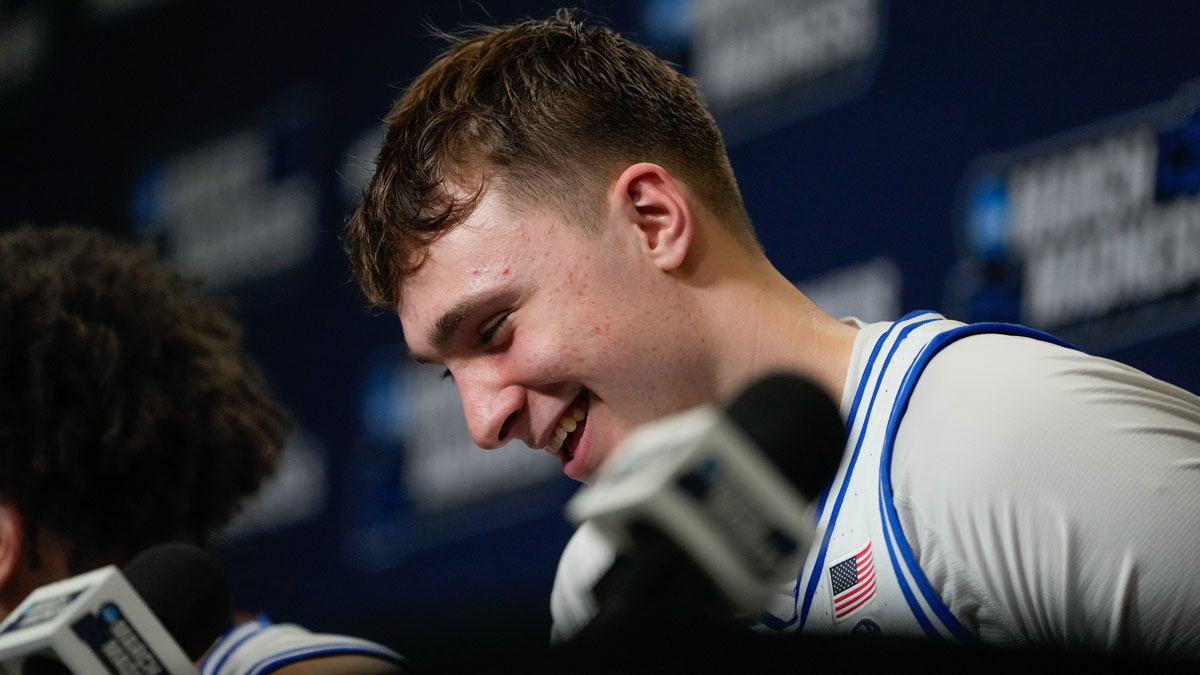 Mar 21, 2025; Raleigh, NC, USA; Duke Blue Devils forward Cooper Flagg (2) speaks to the media after the game against the Mount St. Mary's Mountaineers in the first round of the NCAA Tournament at Lenovo Center.