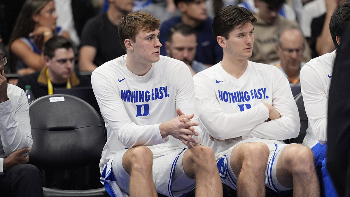 Duke Blue Devils forward Cooper Flagg (2) sits on the bench after an ankle injury in the first half during the second half against the Georgia Tech Yellow Jackets at Spectrum Center.