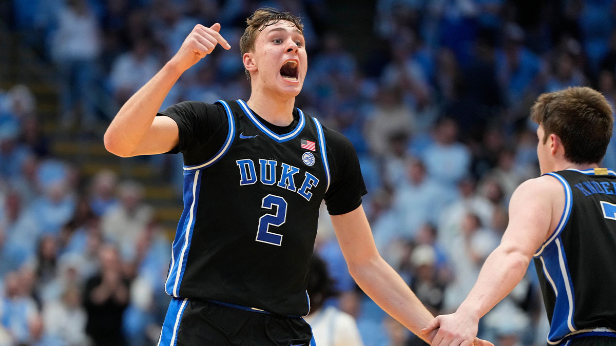 Mar 8, 2025; Chapel Hill, North Carolina, USA; Duke Blue Devils forward Cooper Flagg (2) reacts in the second half at Dean E. Smith Center.