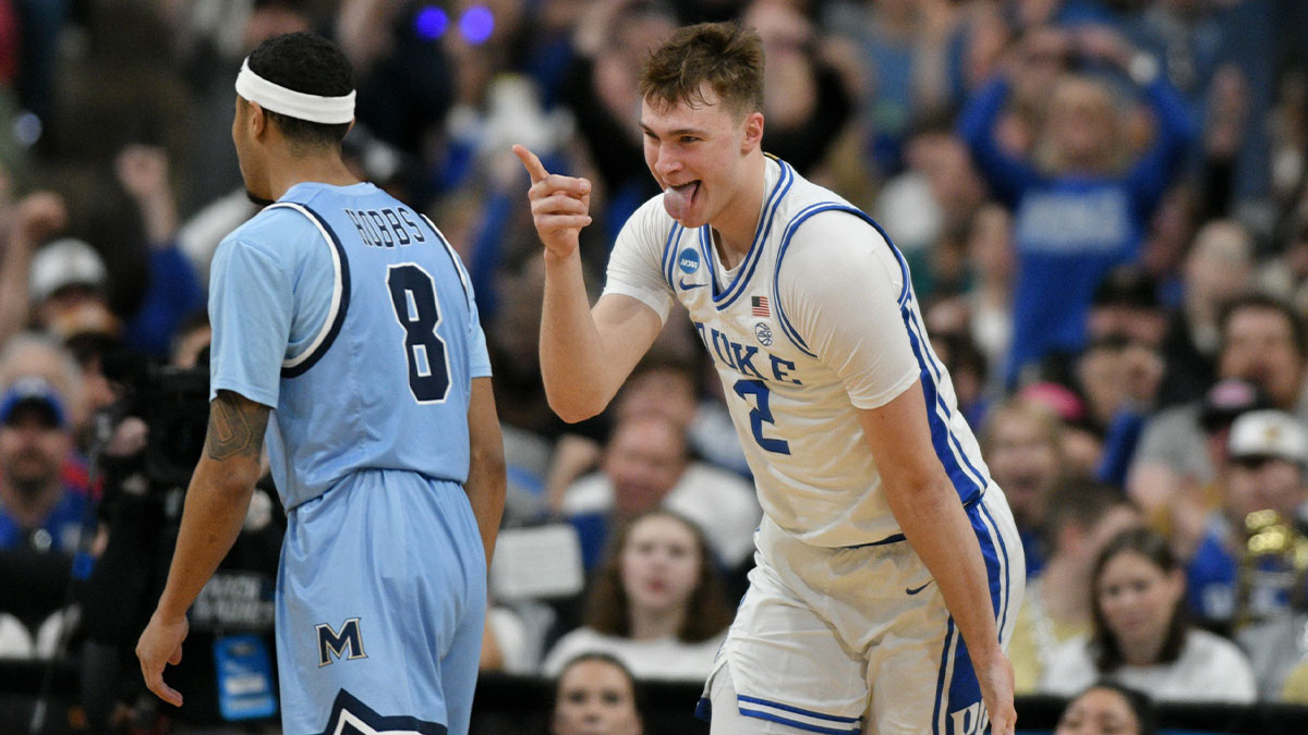 Duke Blue Devils forward Cooper Flagg (2) celebrates during the first half against the Mount St. Mary's Mountaineers in the first round of the NCAA Tournament at Lenovo Center.
