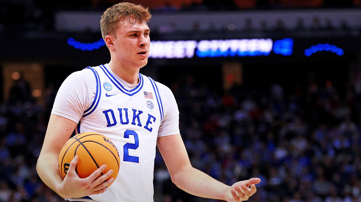 Duke Blue Devils forward Cooper Flagg (2) reacts after a play during the first half against the Arizona Wildcats during an East Regional semifinal of the 2025 NCAA tournament at Prudential Center.