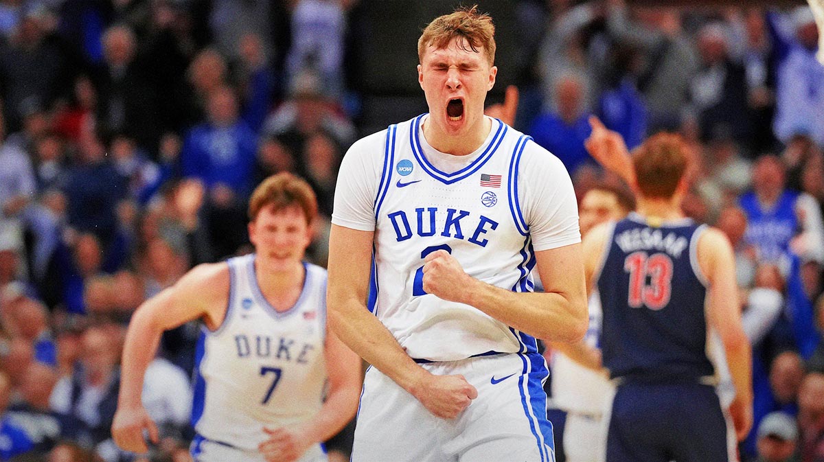 Duke Blue Devils forward Cooper Flagg (2) reacts after making a last second shot to end the first half against the Arizona Wildcats during an East Regional semifinal of the 2025 NCAA tournament at Prudential Center.
