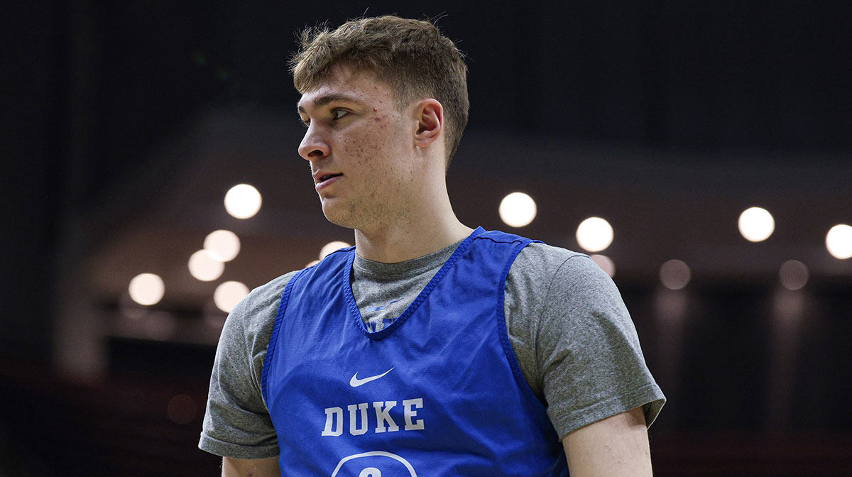 Duke Blue Devils forward Cooper Flagg (2) during a practice session in preparation for an East Regional semifinal game against the Arizona Wildcats at Prudential Center. Mandatory Credit: Vincent Carchietta-Imagn Images