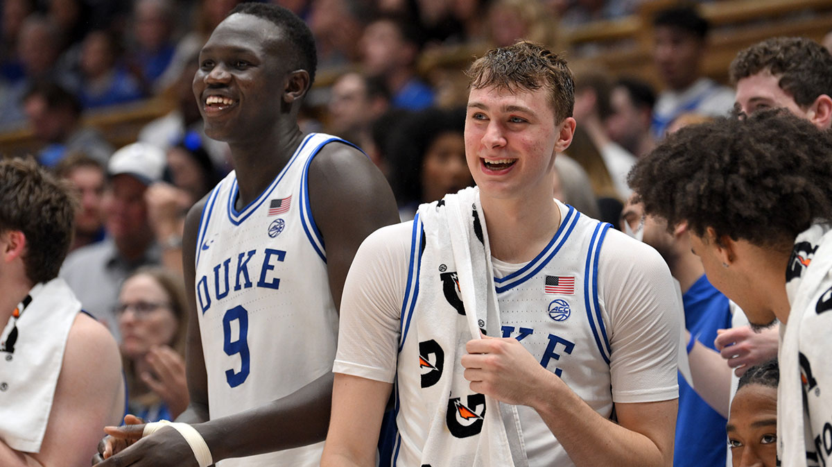 Duke Blue Devils center Khaman Maluach (9) and Duke Blue Devils forward Cooper Flagg (2) react during the second half at Cameron Indoor Stadium.