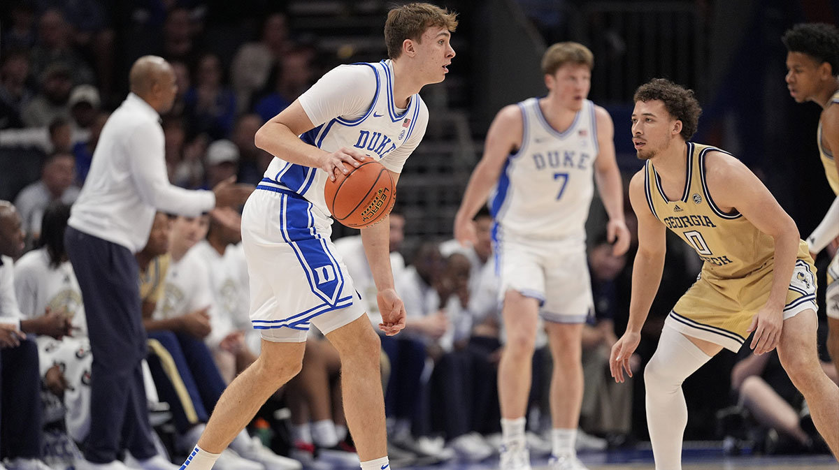 Duke Blue Devils forward Cooper Flagg (2) looks over the Georgia Tech Yellow Jackets defense during the first half at Spectrum Center. Mandatory Credit: Jim Dedmon-Imagn Images