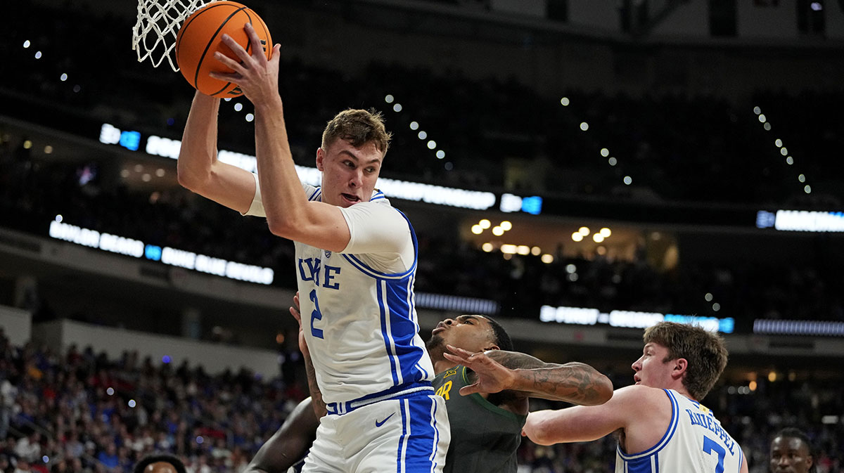 Duke Blue Devils forward Cooper Flagg (2) drives tot he basket against the Baylor Bears during the second half in the second round of the NCAA Tournament at Lenovo Center.