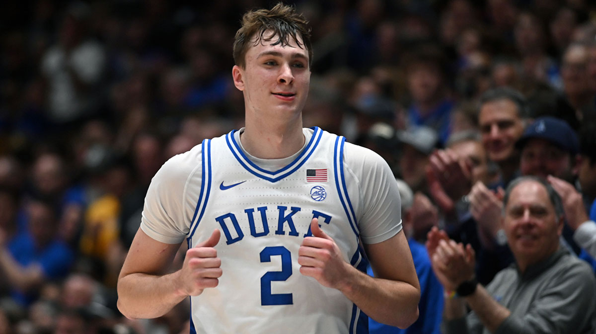 Duke Blue Devils forward Cooper Flagg (2) reacts as he heads to the bench during the second half against the Wake Forest Demon Deacons at Cameron Indoor Stadium