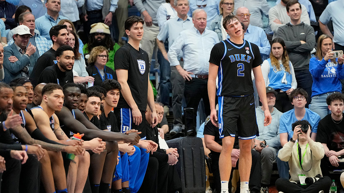 Duke Blue Devils forward Cooper Flagg (2) talks to the bench in the second half at Dean E. Smith Center.