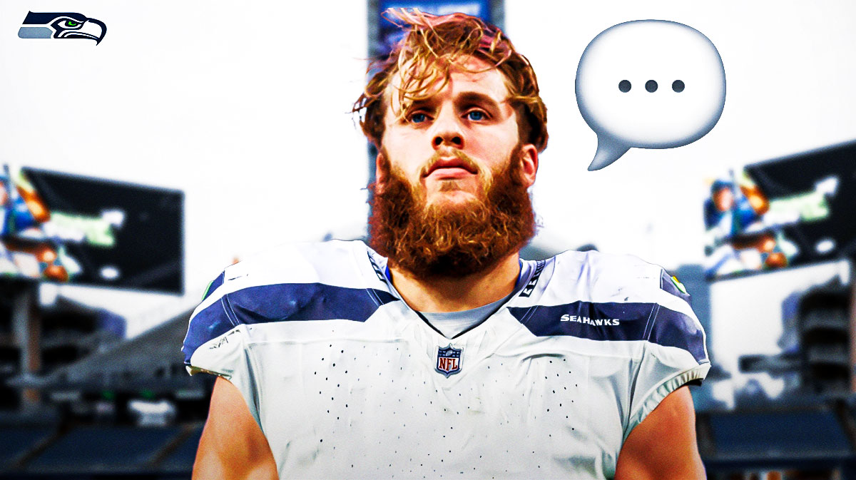 Cooper Kupp in a Seahawks uniform with a speech bubble that has the three dots emoji inside. There is also a logo for the Seattle Seahawks.